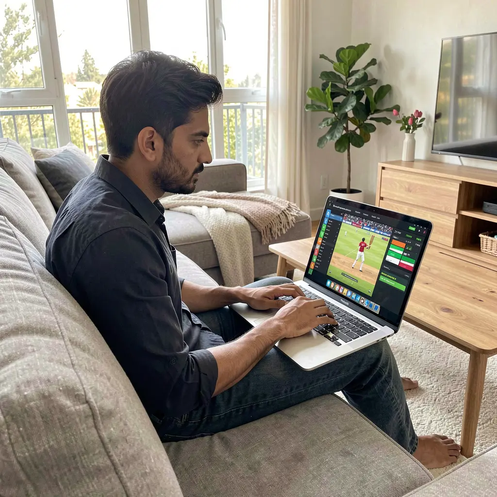 LS7 APP – Place live cricket bets online with ease in India Indian sports betting enthusiast placing live cricket bets on a laptop using the LS7 APP while watching a match in a modern living room