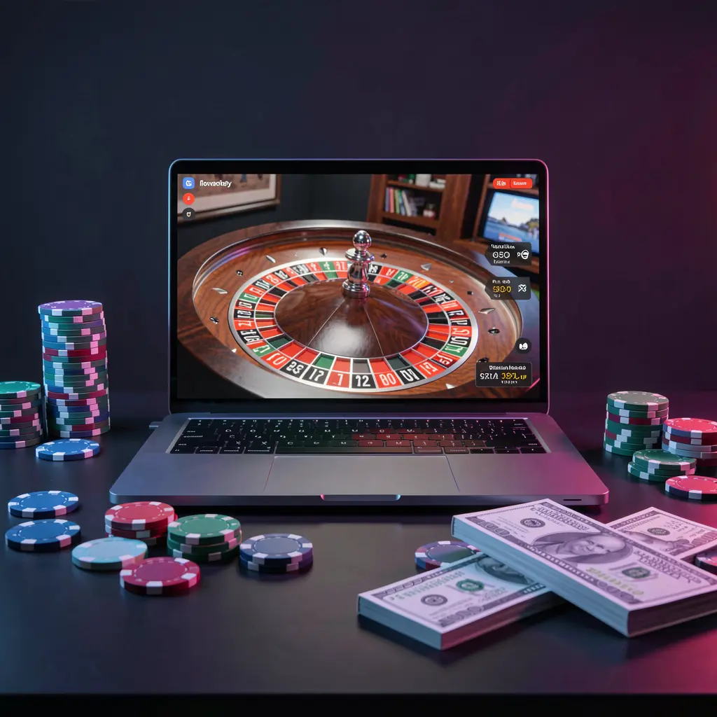 LS7 APP – Experience premium online casino gaming made for India Luxury online casino atmosphere with glowing chips and a digital roulette wheel on a laptop showcasing the LS7 APP for players in India