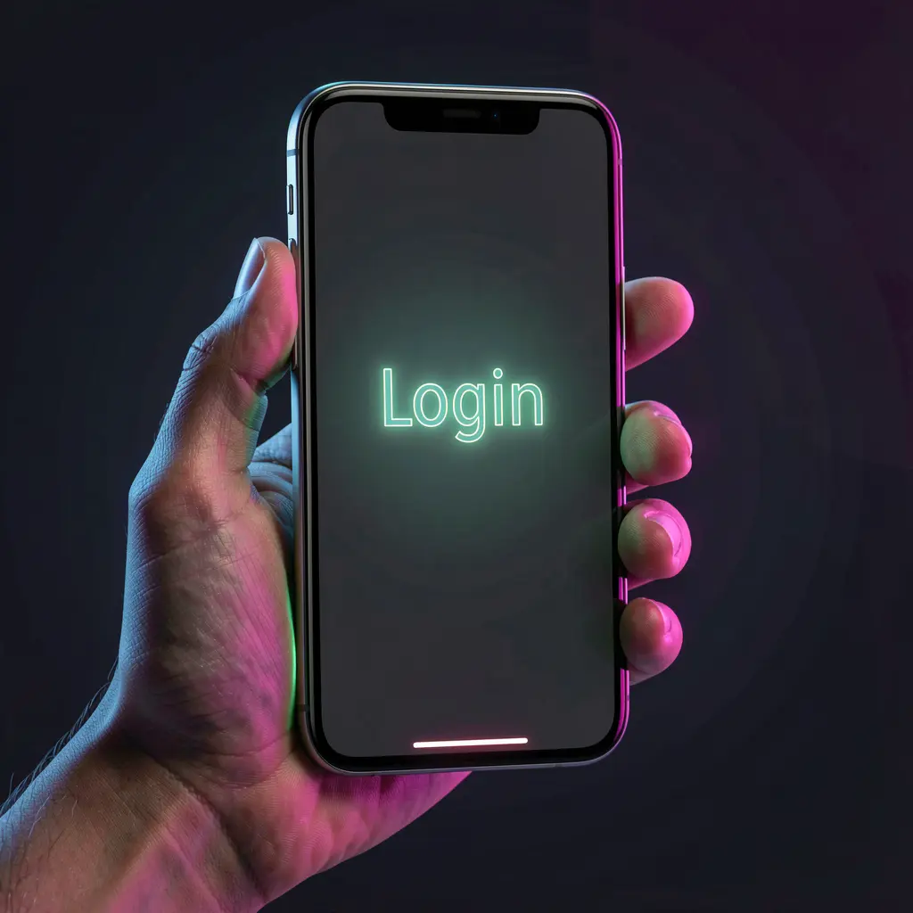 LS7 APP Login – Safe and smooth account access for players in India Close up of a hand holding a smartphone with a glowing login screen showing secure access to the LS7 APP for players in India